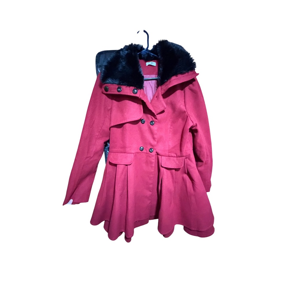 Zeagoo Womens Red Faux Fur Collar Double Breasted Peplum Coat Size L